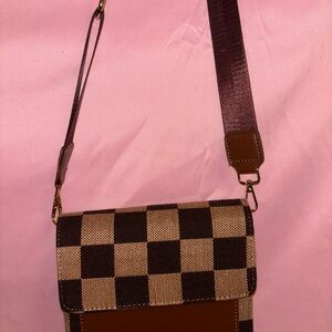 Brown and Black Checkered Crossbody OBLANCIA Bag with Adjustable Strap